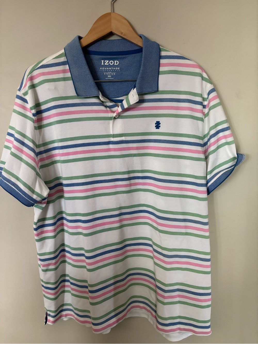 IZOD White Polo with Blue Collar and Pastel Stripe Pattern